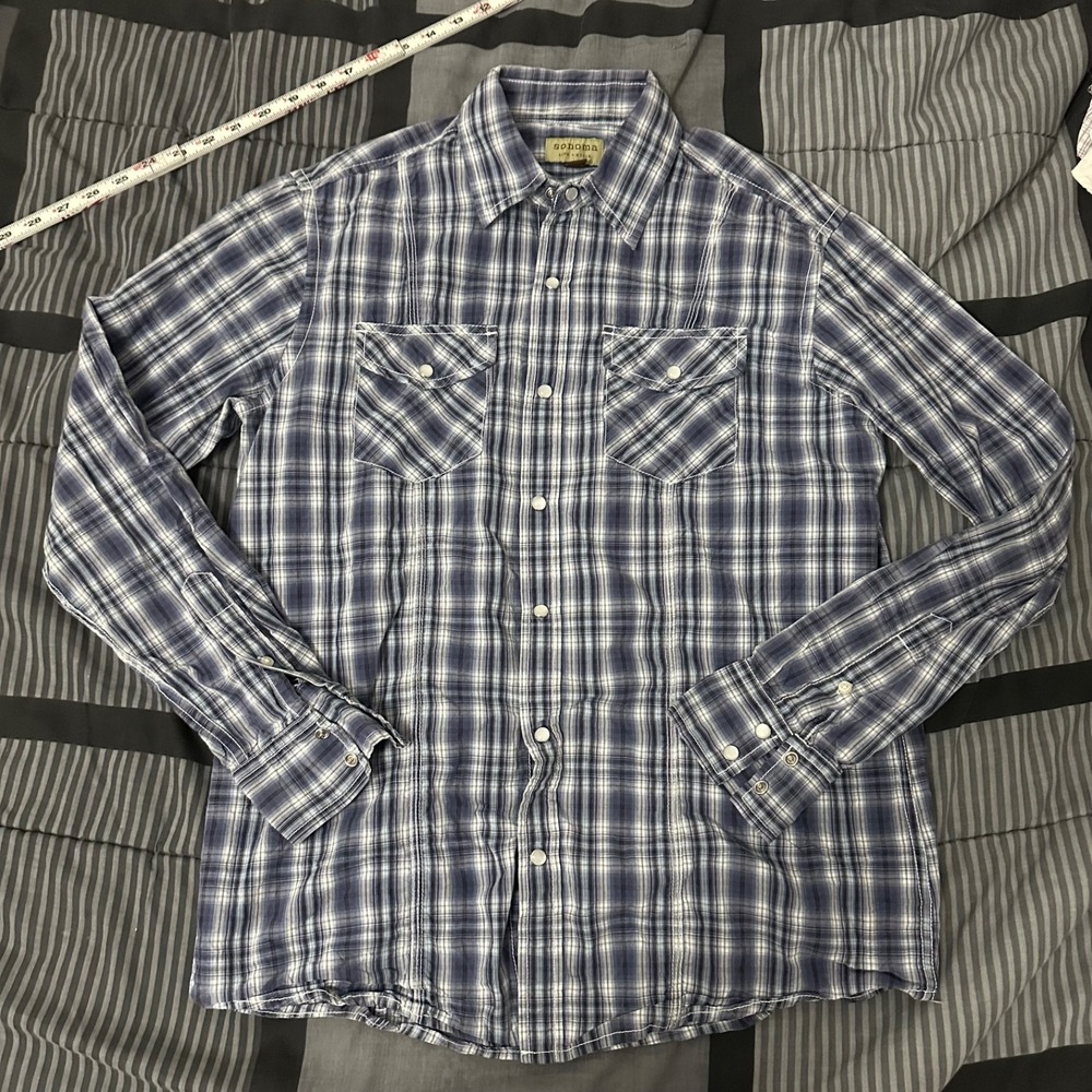 Sonoma Western Pearl Snap Button Shirt Mens M Blue Plaid 100% Cotton Long Sleeve